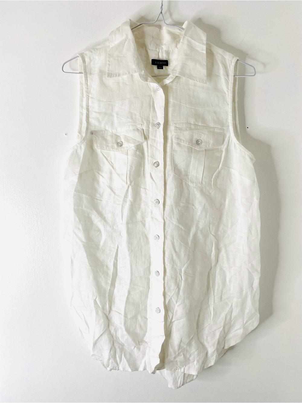 Talbots White Linen Sleeveless Button Front Collared Top Hi Lo Hem